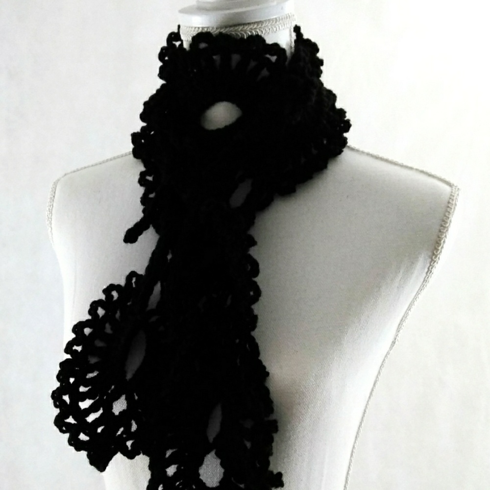 Scarf, Black, Lace, Neck warmer, Crochet